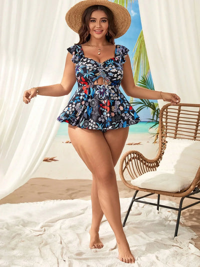 2025 New Sexy Tankini Swimsuits Women Print Verge Strapped Plus Size Swimdress High Waist Swimwear Hollow Beachwear Bathing Suit